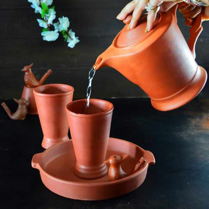 Handmade Regular Terracotta Jug With Glasses & Tray | Set Of 4