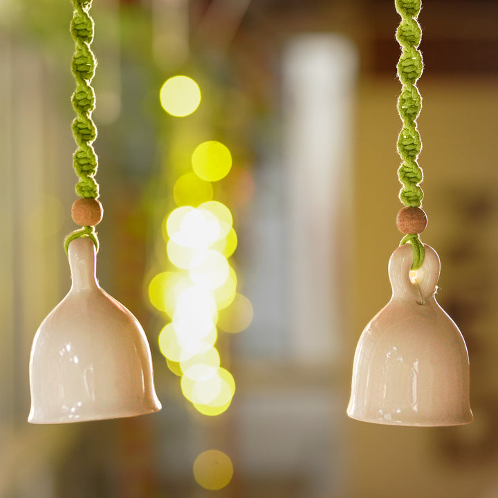 Set Of 2 | Macrame Colourful Bells Design Ceramic Hanging
