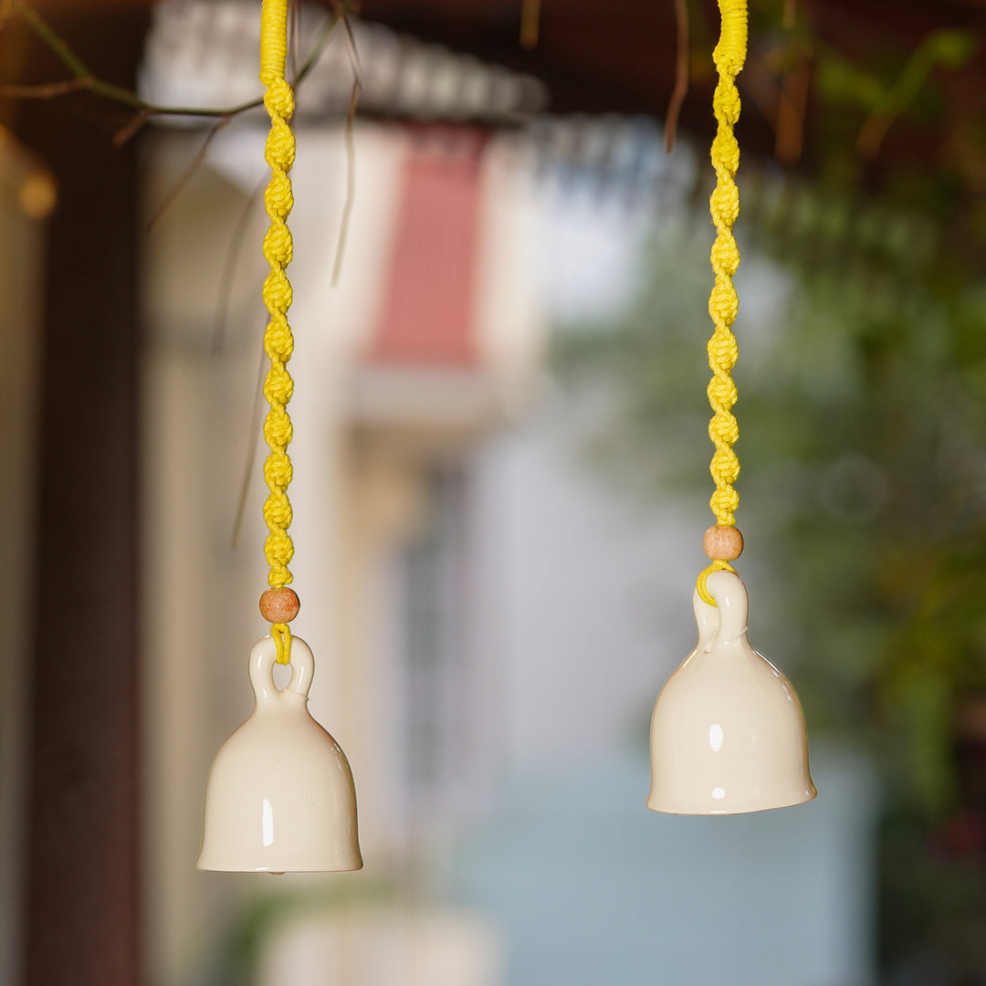 Set Of 2 | Macrame Colourful Bells Design Ceramic Hanging
