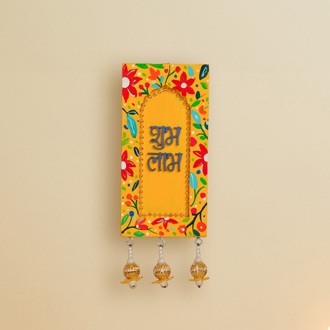 Hand-Painted Floral Shubh Labh Jharokha MDF Wood Hanging