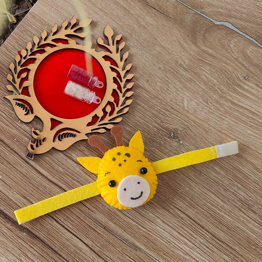 Handmade Giraffe Theme Felt Kids Rakhi With Roli Chawal New - Angled View Showing Full Band