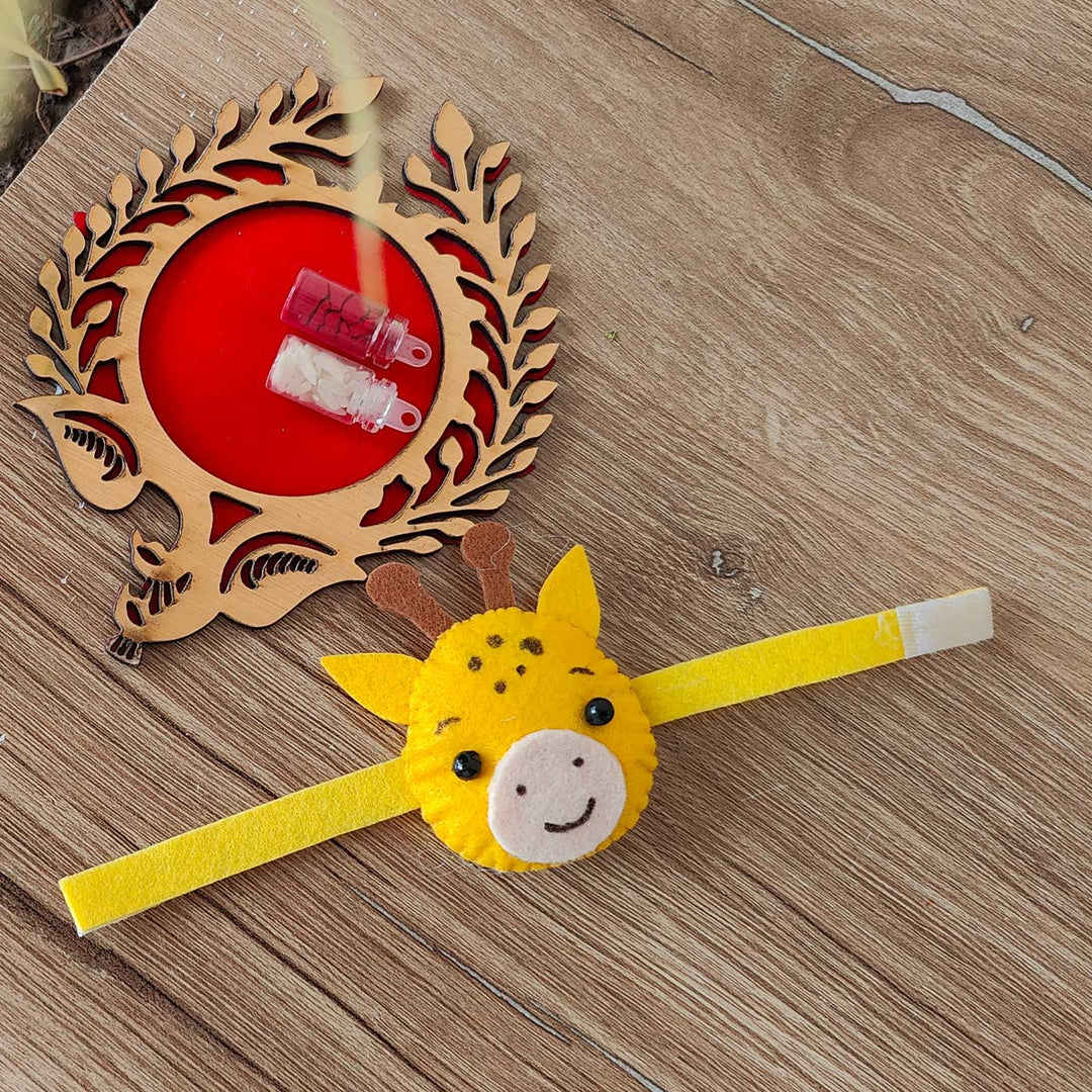 Handmade Giraffe Theme Felt Kids Rakhi With Roli Chawal New - Angled View Showing Full Band