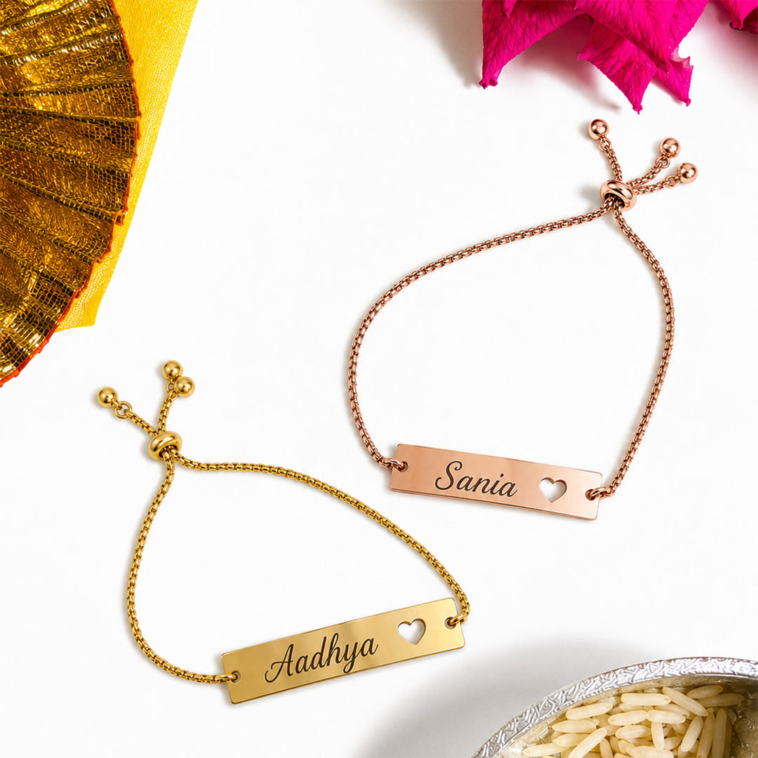 Personalized Adjustable Printed Heart Charm Bracelet Rakhi For Sister/Bhabhi