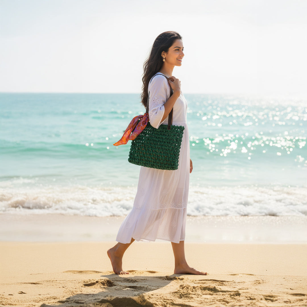 Handmade Grass Woven Leather Strap Box Shaped Green Sabai Mesh Tote Bag