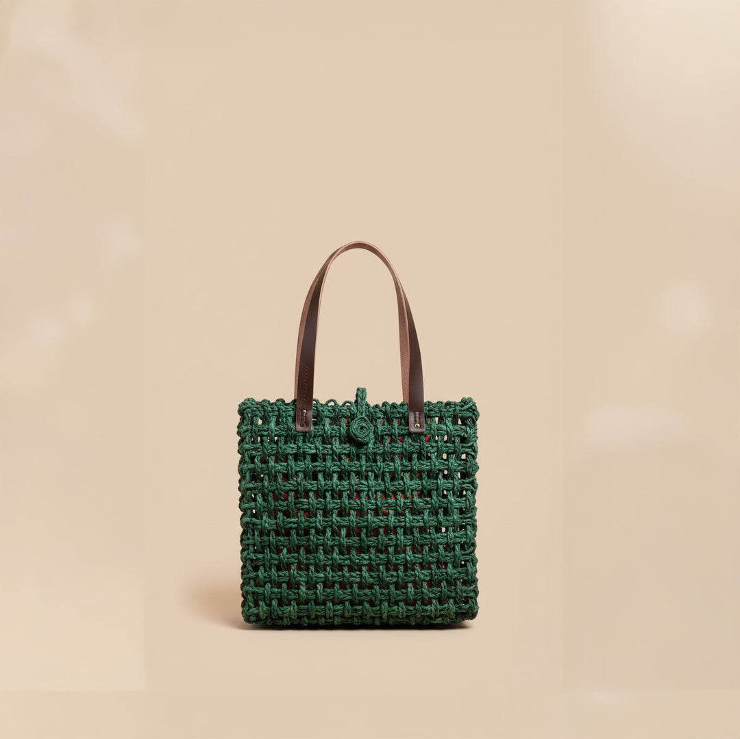 Handmade Grass Woven Leather Strap Box Shaped Green Sabai Mesh Tote Bag