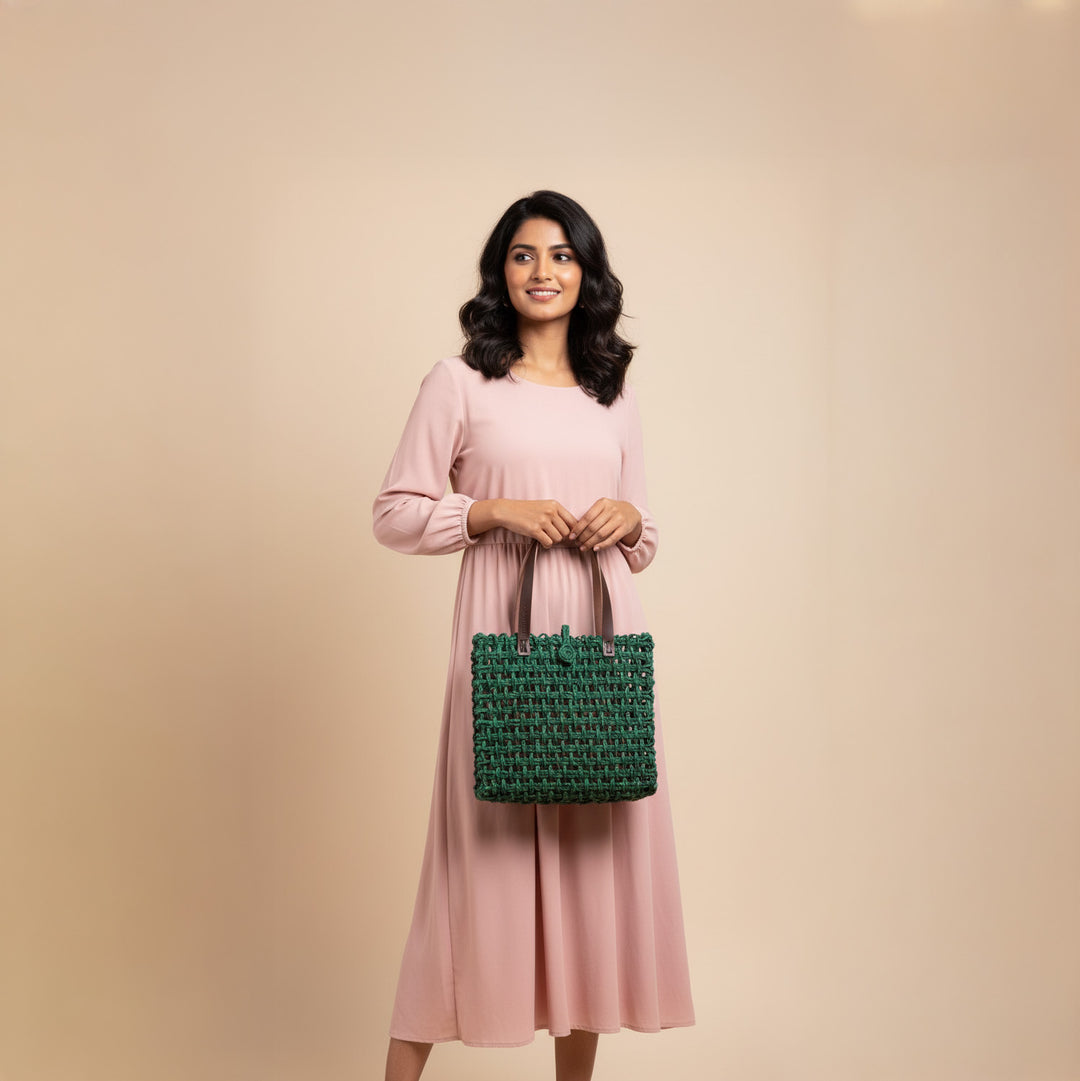 Handmade Grass Woven Leather Strap Box Shaped Green Sabai Mesh Tote Bag