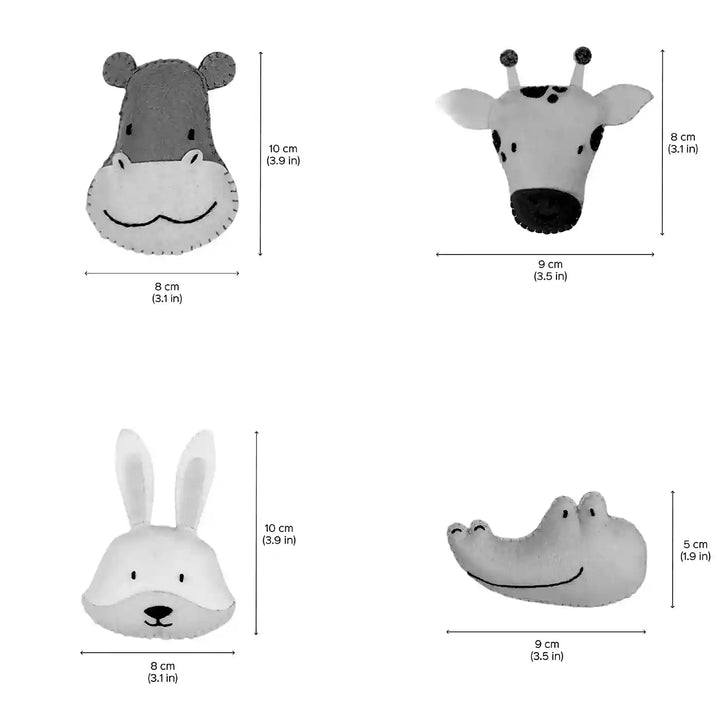 Handmade Rabbit, Hippopotamus, Crocodile & Giraffe Theme Felt Brooches | Set Of 4