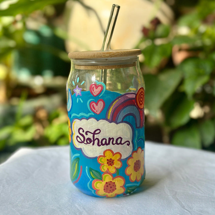 Personalized Hand-Painted Floral Theme Glass Tumbler With Straw