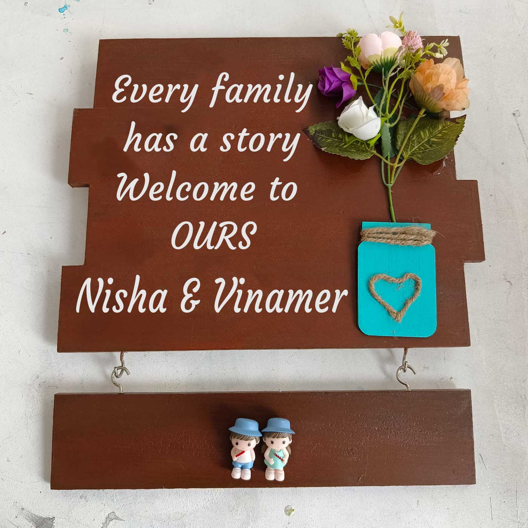 Personalized Hand-Painted Floral Theme Wooden Name Plate For Couples