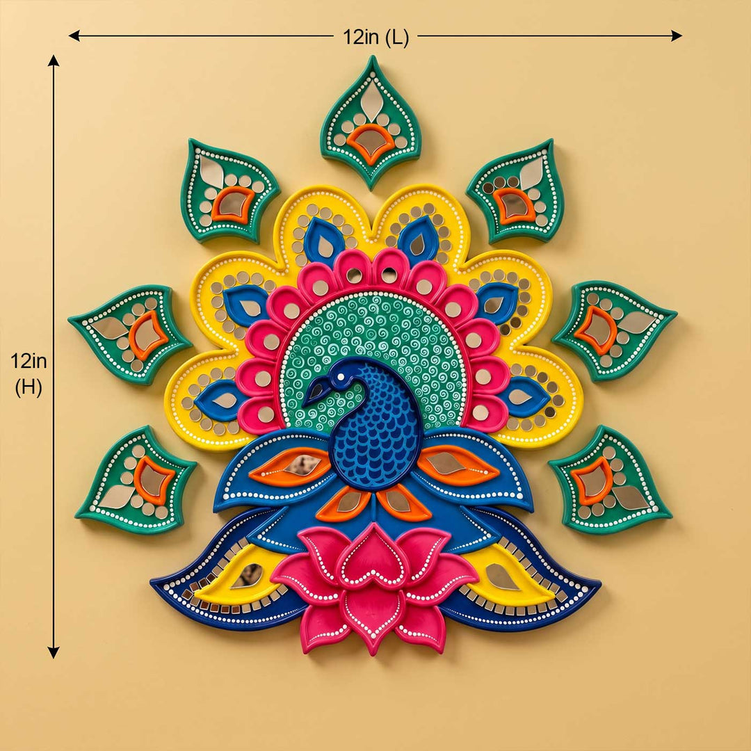8 pc | 12 Inch Reusable Handcrafted Mayur Kamal Peacock Lippan Art MDF Rangoli with Mirror Work Petals