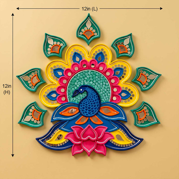 8 pc | 12 Inch Reusable Handcrafted Mayur Kamal Peacock Lippan Art MDF Rangoli with Mirror Work Petals
