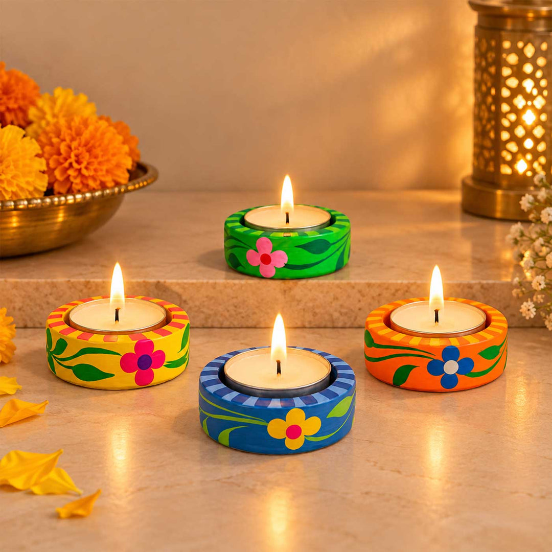 12 pc | Hand-Painted Colourful Floral Clay Tealight Holders for Festive Decor