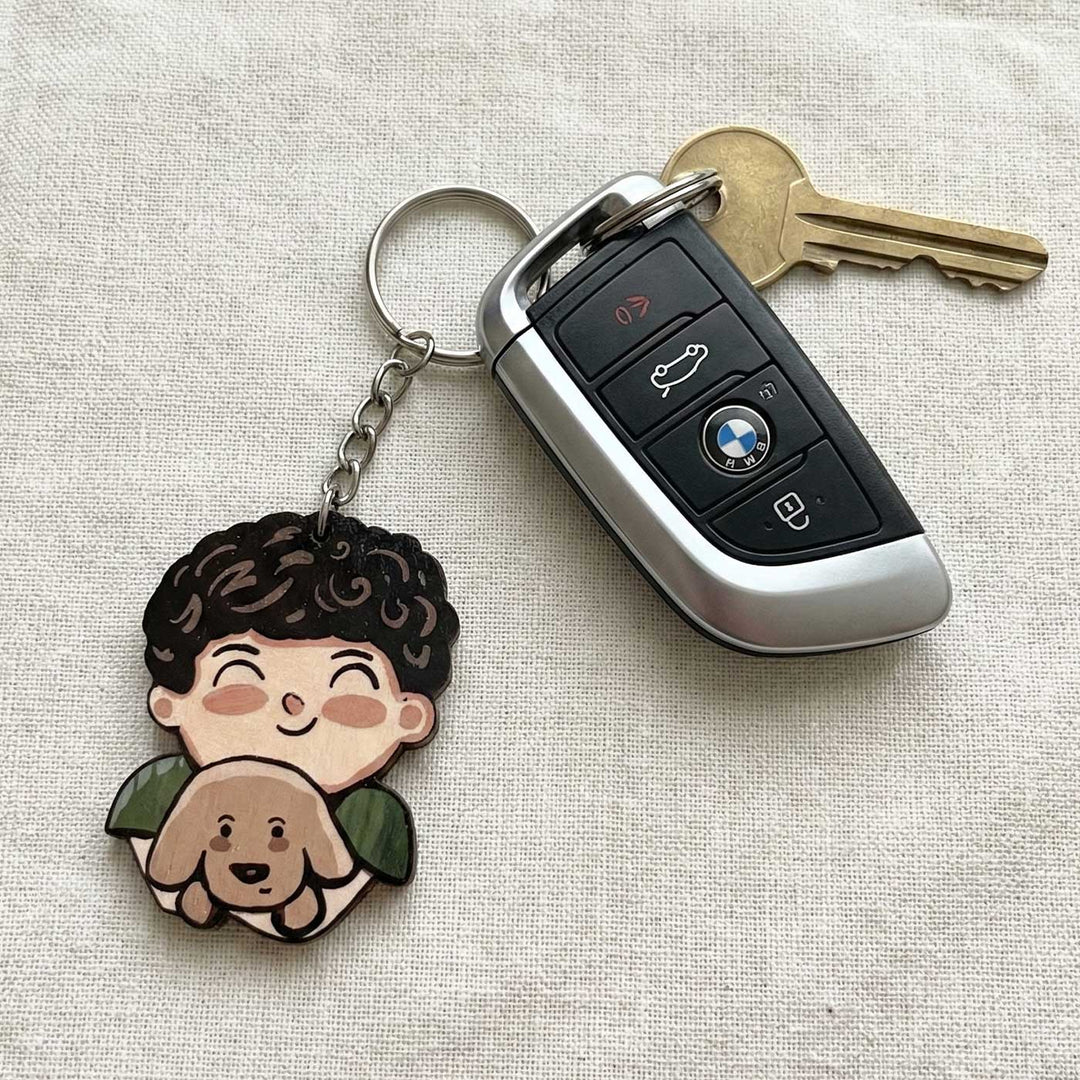 Printed Hand-Illustrated Dog Father MDF Wood Key Chain/Bag Charm