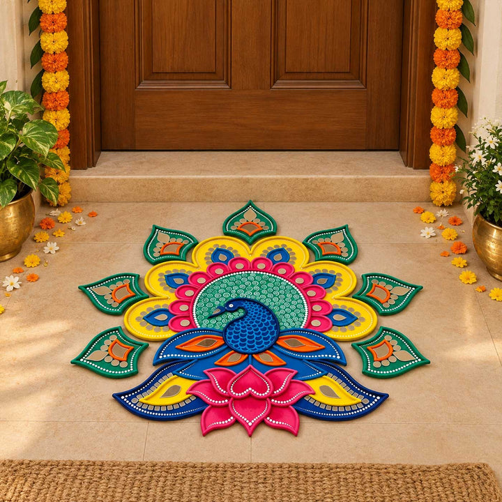 8 pc | 12 Inch Reusable Handcrafted Mayur Kamal Peacock Lippan Art MDF Rangoli with Mirror Work Petals
