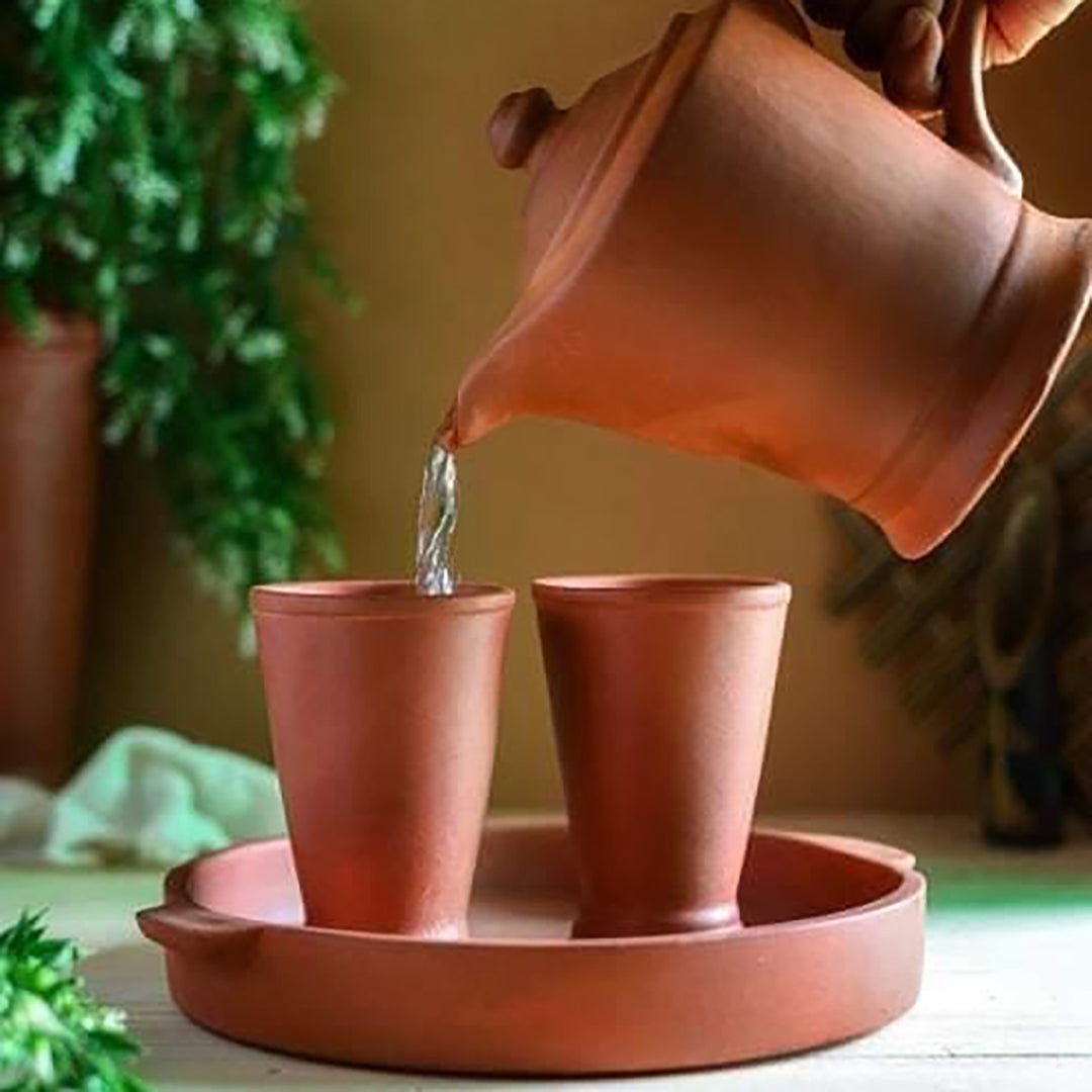 Handmade Regular Terracotta Jug With Glasses & Tray | Set Of 4