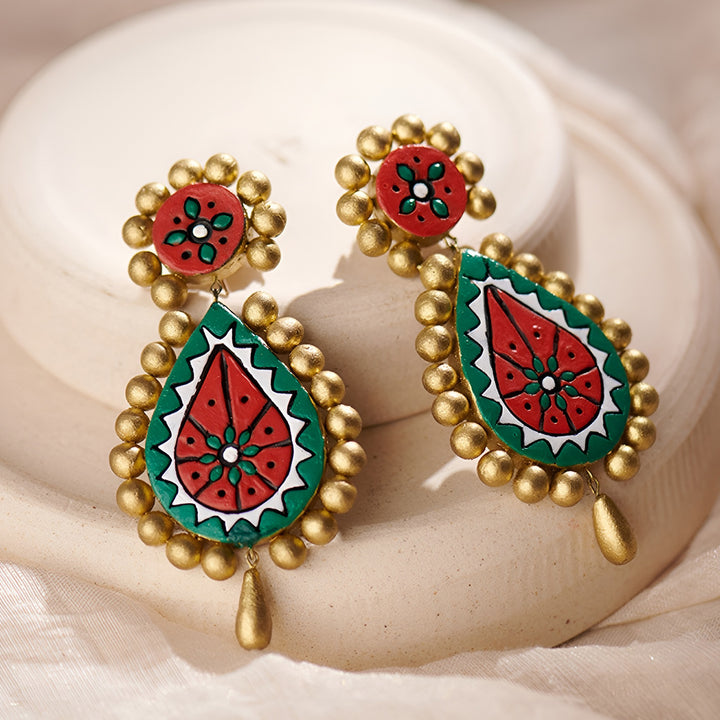 Handmade Red & Green Meenakari Terracotta Earrings