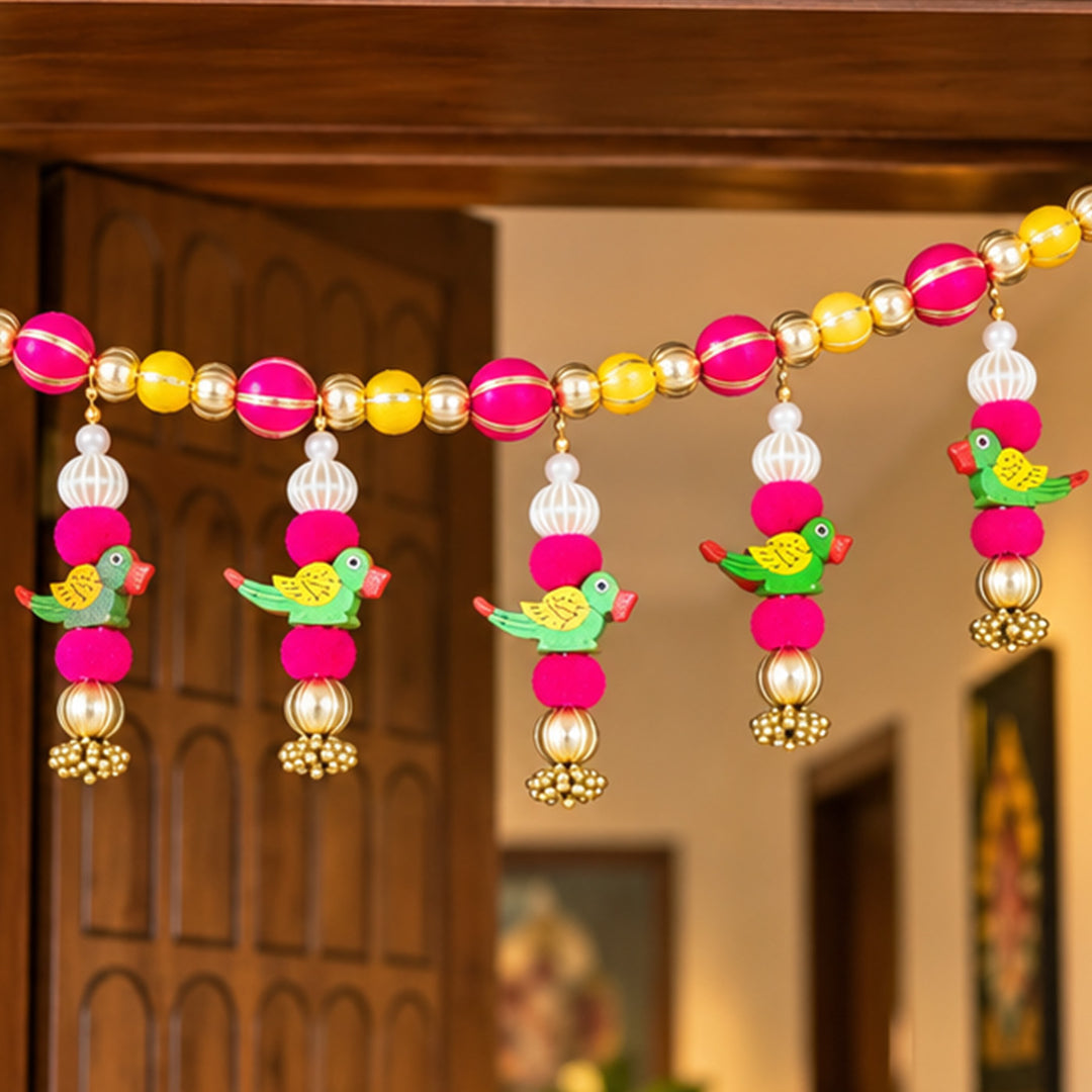 Handmade Thread Work Peacock Toran with Pom Pom Balls & Beads
