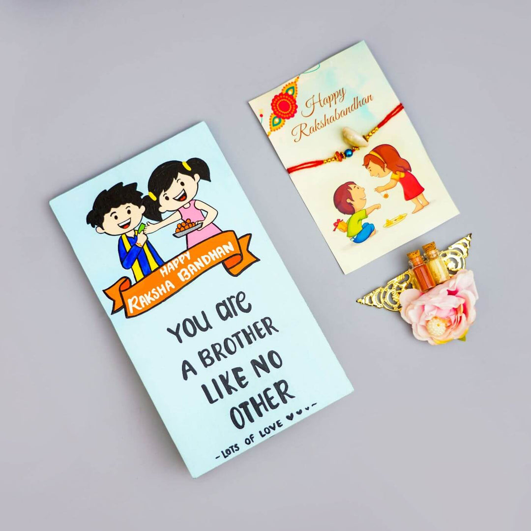 Handcrafted Doodle Art & Rakhi Combo For Brothers With Roli Chawal