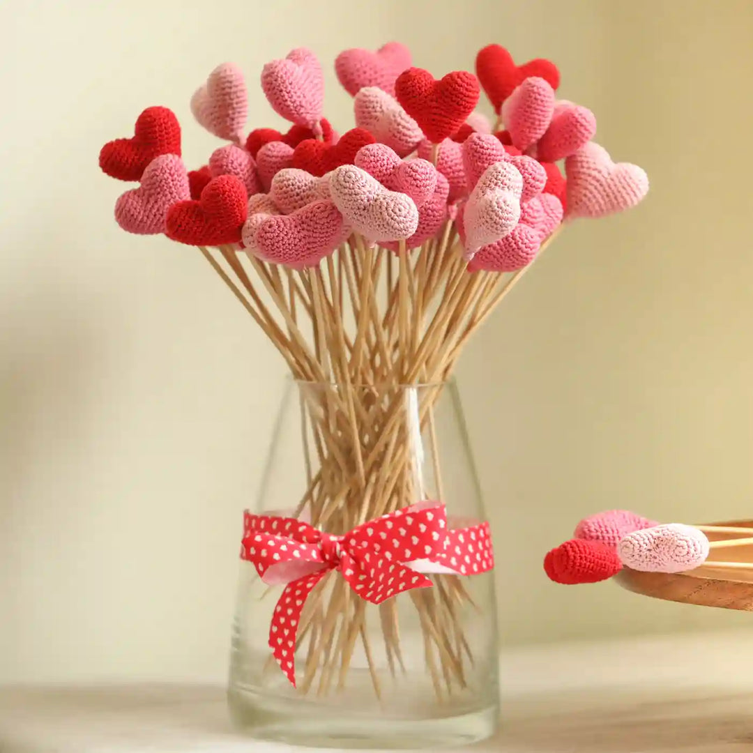 Handmade Crochet Heart Stem Cotton Flower Stick | Pack Of 1