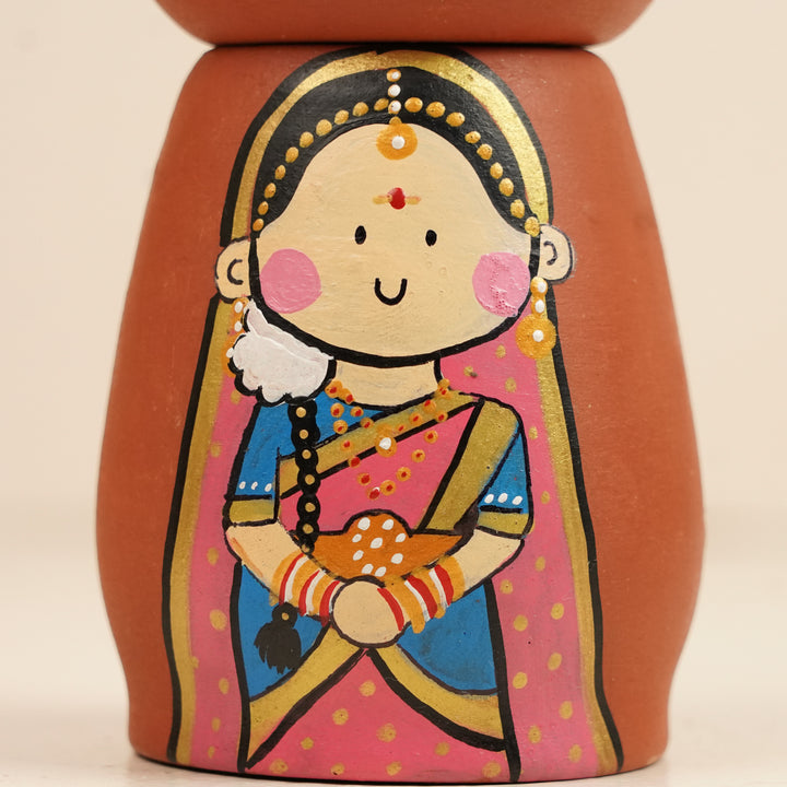 2 Pc | Bengali Couple Handpainted Terracotta Tealight Holders