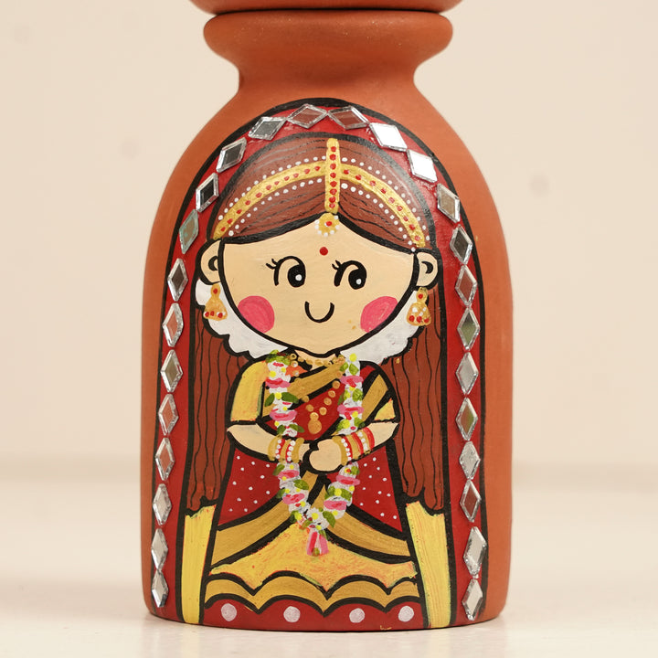 2 Pc | Mirror Work Wedding Couple Handpainted Terracotta Tealight Holders