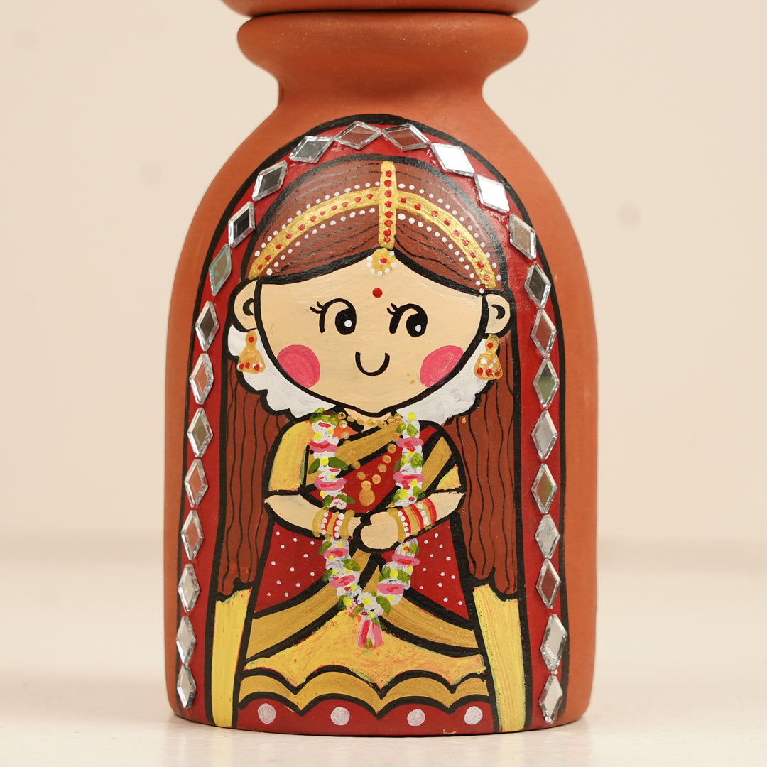 2 Pc | Mirror Work Wedding Couple Handpainted Terracotta Tealight Holders