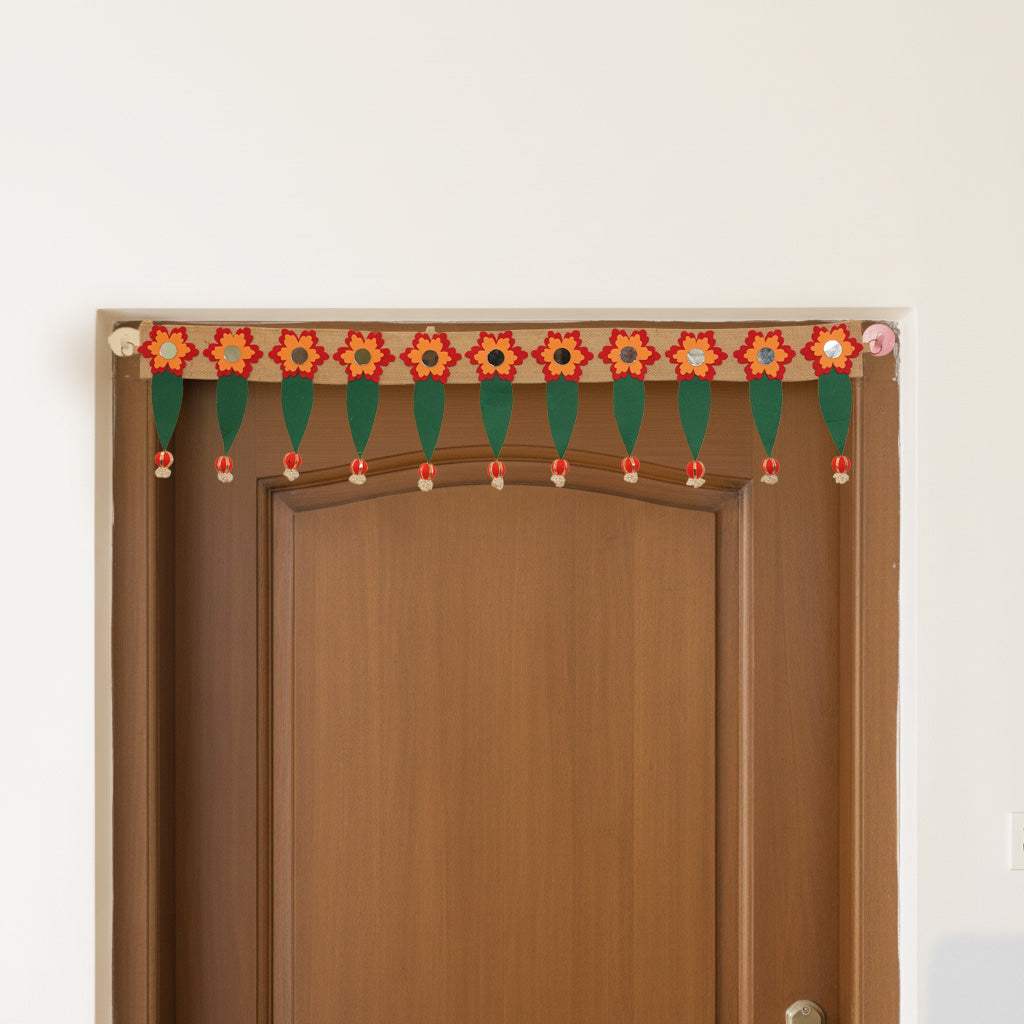 Handmade Mirror Work Elegant Ashok Patta Design Jute Toran