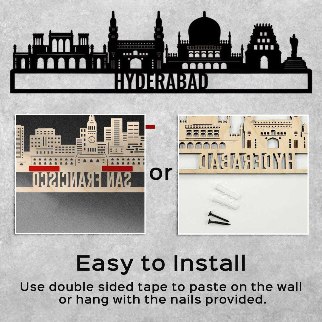 Printed Black Wooden Gurugram City Skyline Wall Decor