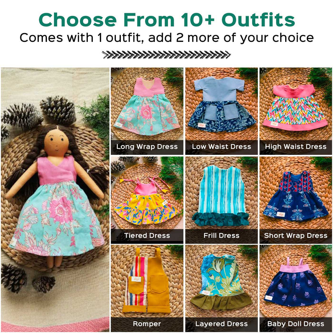Nilah in Floral Green Dress With Changeable Outfits | Soft Hand-Stitched Sustainable Indian Play Doll