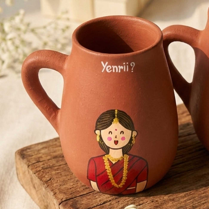 2 Pc | Andhra Couple Personalized Handpainted Terracotta Mug | 450 ml