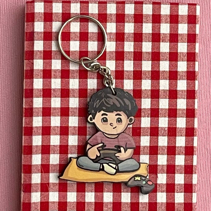Printed Hand-Illustrated Gamer Boy MDF Wood Key Chain/Bag Charm