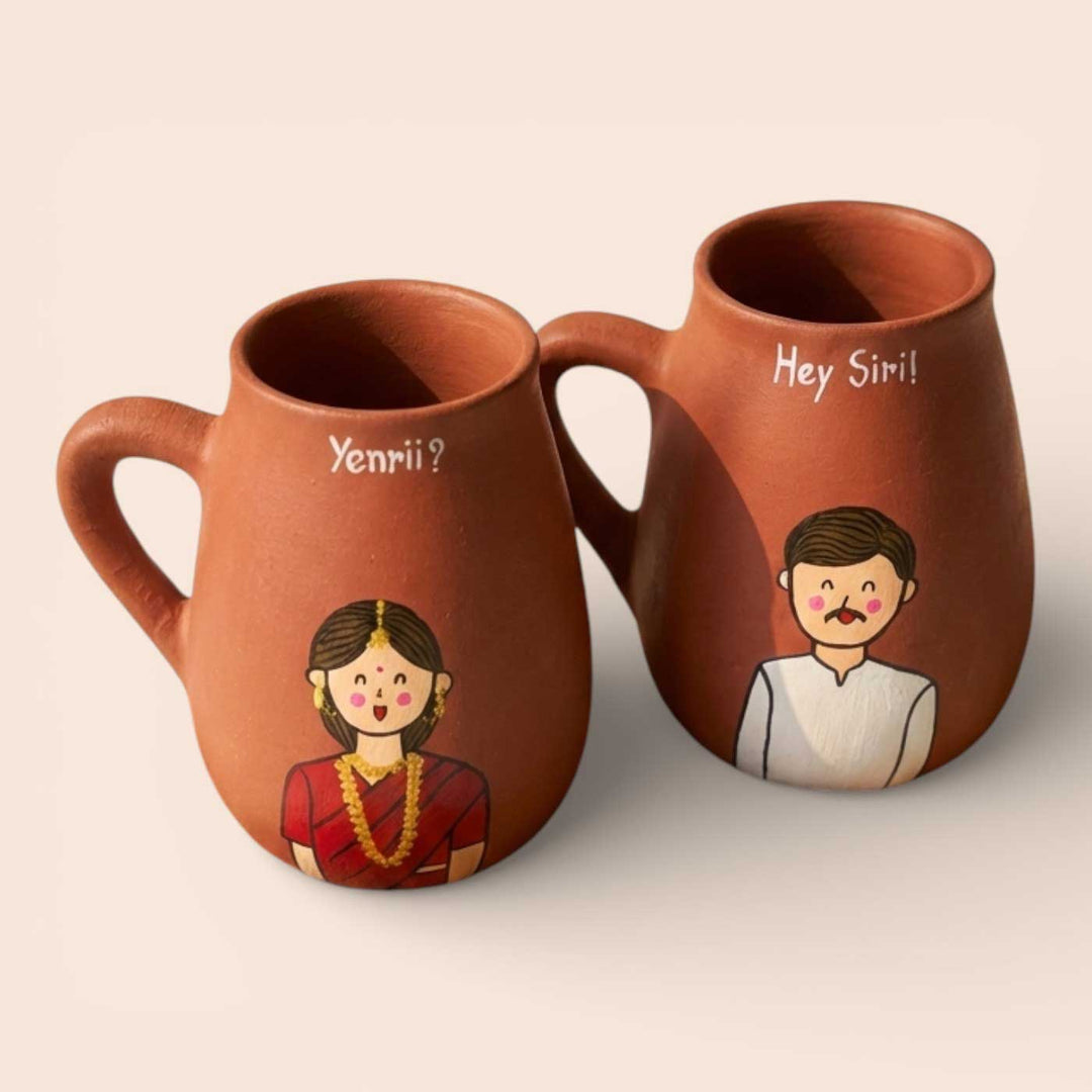 2 Pc | Andhra Couple Personalized Handpainted Terracotta Mug | 450 ml