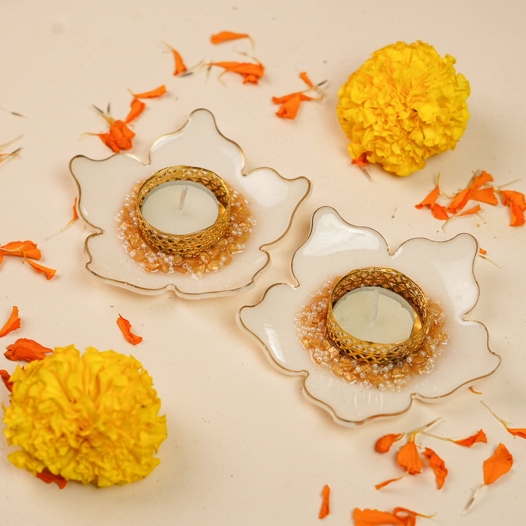 Handmade Elegant Flower Resin Tealight Holder | Set Of 2