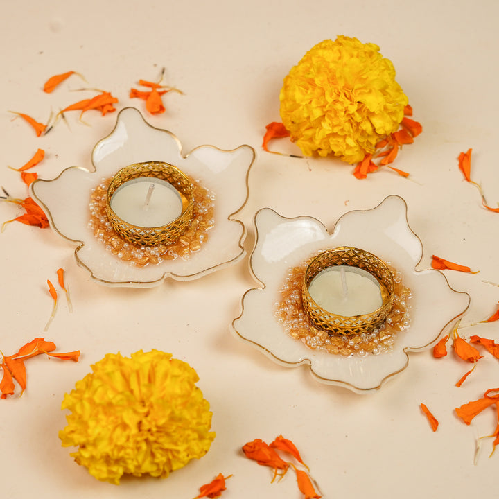 Handmade Elegant Flower Resin Tealight Holder | Set Of 2