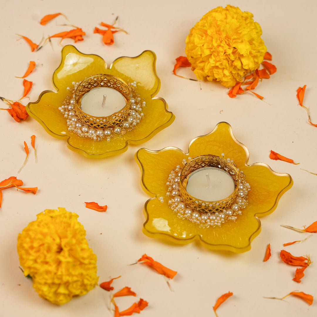 Handmade Elegant Flower Resin Tealight Holder | Set Of 2