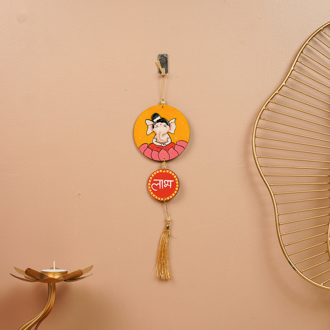 Hand-Painted Pebble Art Lakshmi & Ganapati MDF Wood Shubh Labh Hangings | Set Of 2