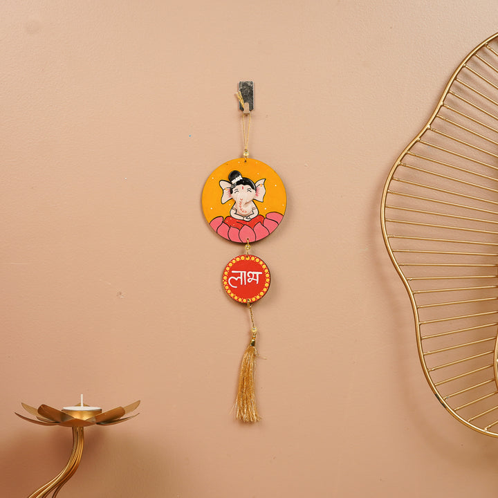 Hand-Painted Pebble Art Lakshmi & Ganapati MDF Wood Shubh Labh Hangings | Set Of 2