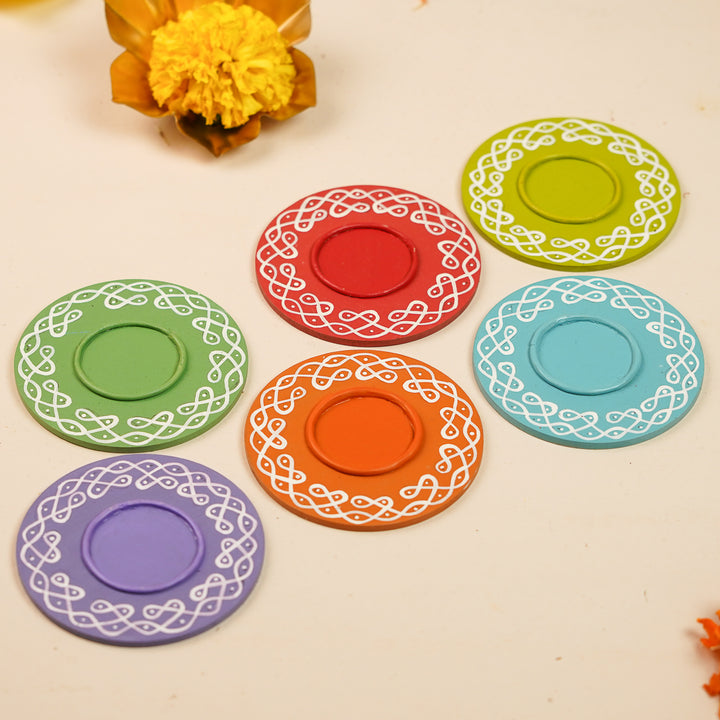Hand-Painted Round Kolam MDF Wood Tealight Holders | Set Of 6