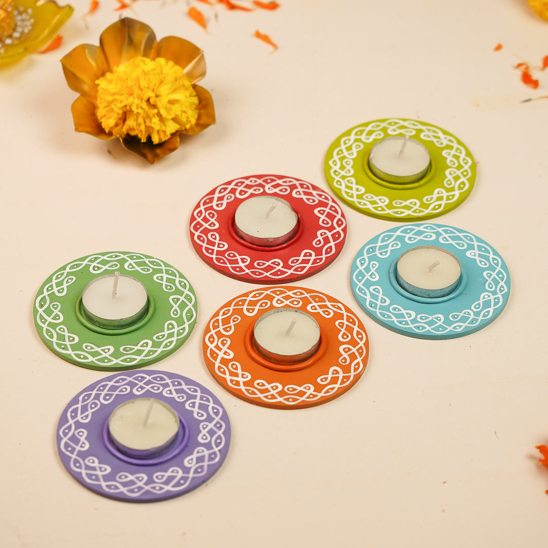 Hand-Painted Round Kolam MDF Wood Tealight Holders | Set Of 6