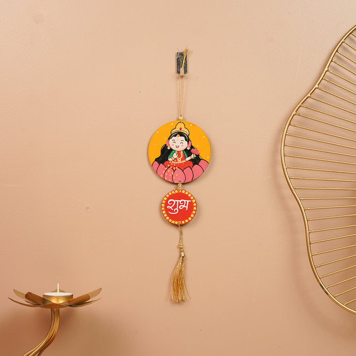 Hand-Painted Pebble Art Lakshmi & Ganapati MDF Wood Shubh Labh Hangings | Set Of 2