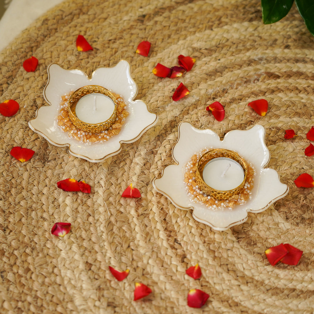 Handmade Elegant Flower Resin Tealight Holder | Set Of 2