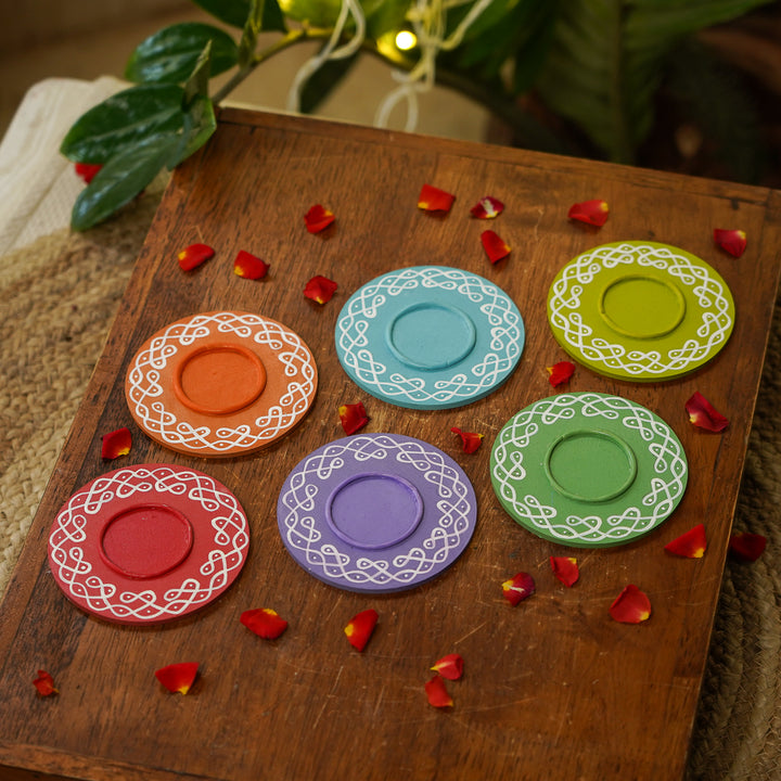 Hand-Painted Round Kolam MDF Wood Tealight Holders | Set Of 6