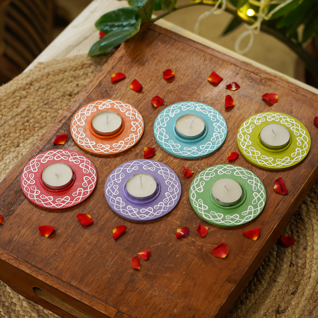 Hand-Painted Round Kolam MDF Wood Tealight Holders | Set Of 6
