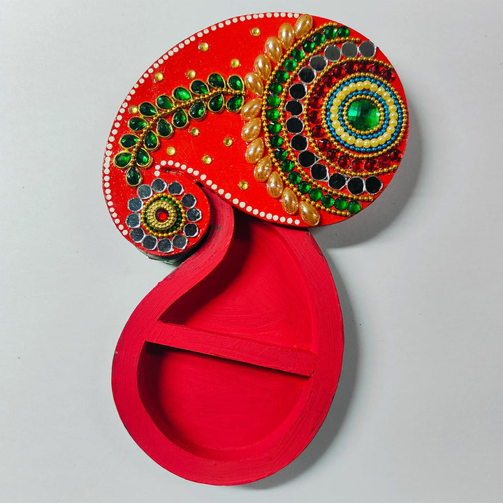 Meenakari Paisley Hand Painted Red MDF Haldi Kumkum Holder With Rotating Lid For Puja & Wedding Gifting
