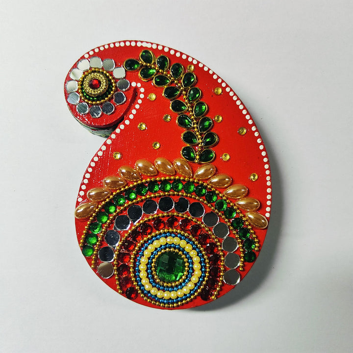 Meenakari Paisley Hand Painted Red MDF Haldi Kumkum Holder With Rotating Lid For Puja & Wedding Gifting