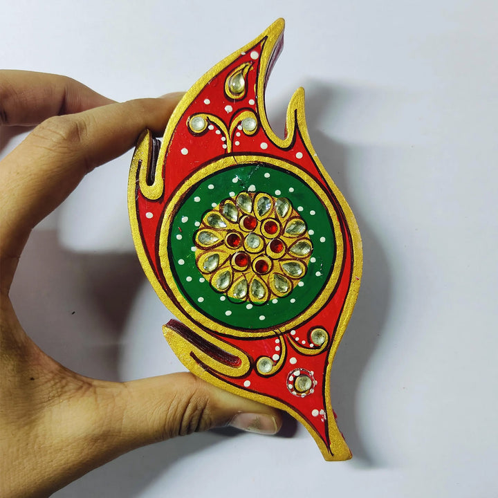 Meenakari Hand Painted Green MDF Compact Leaf Shaped Haldi Kumkum Holder With Rotating Lid For Puja & Return Gifting