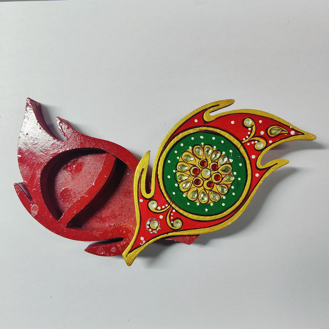 Meenakari Hand Painted Green MDF Compact Leaf Shaped Haldi Kumkum Holder With Rotating Lid For Puja & Return Gifting