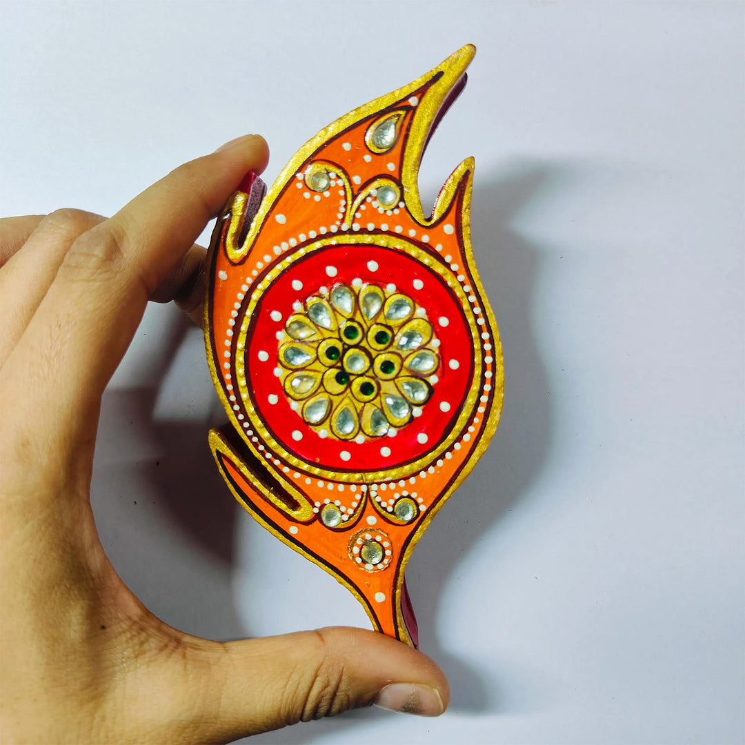 Meenakari Hand Painted Orange MDF Large Leaf Shaped Haldi Kumkum Holder With Rotating Lid For Puja & Festive Gifting