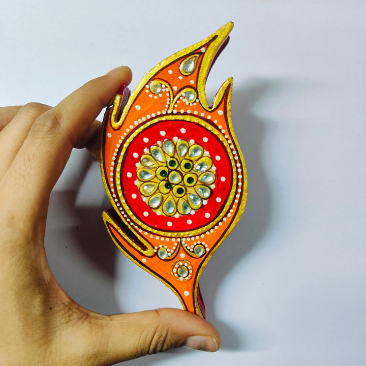 Meenakari Hand Painted Orange MDF Large Leaf Shaped Haldi Kumkum Holder With Rotating Lid For Puja & Festive Gifting