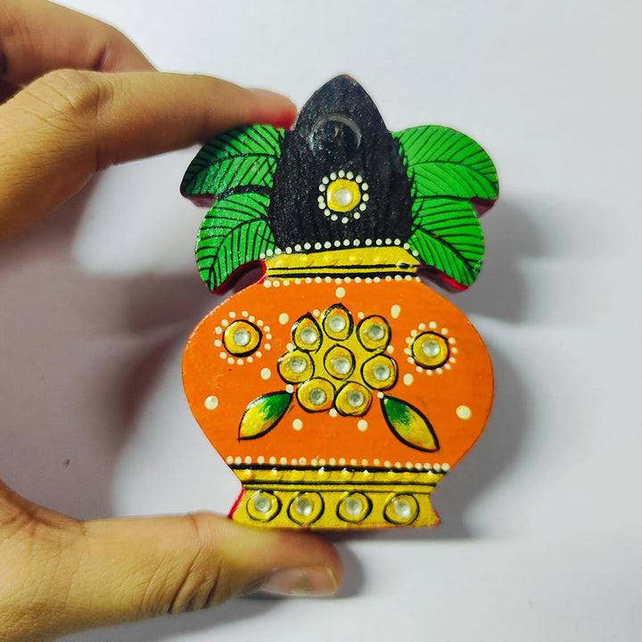 Meenakari Kalash Hand Painted Orange MDF Kalash Shaped Haldi Kumkum Holder With Rotating Lid For Puja & Wedding Gifting